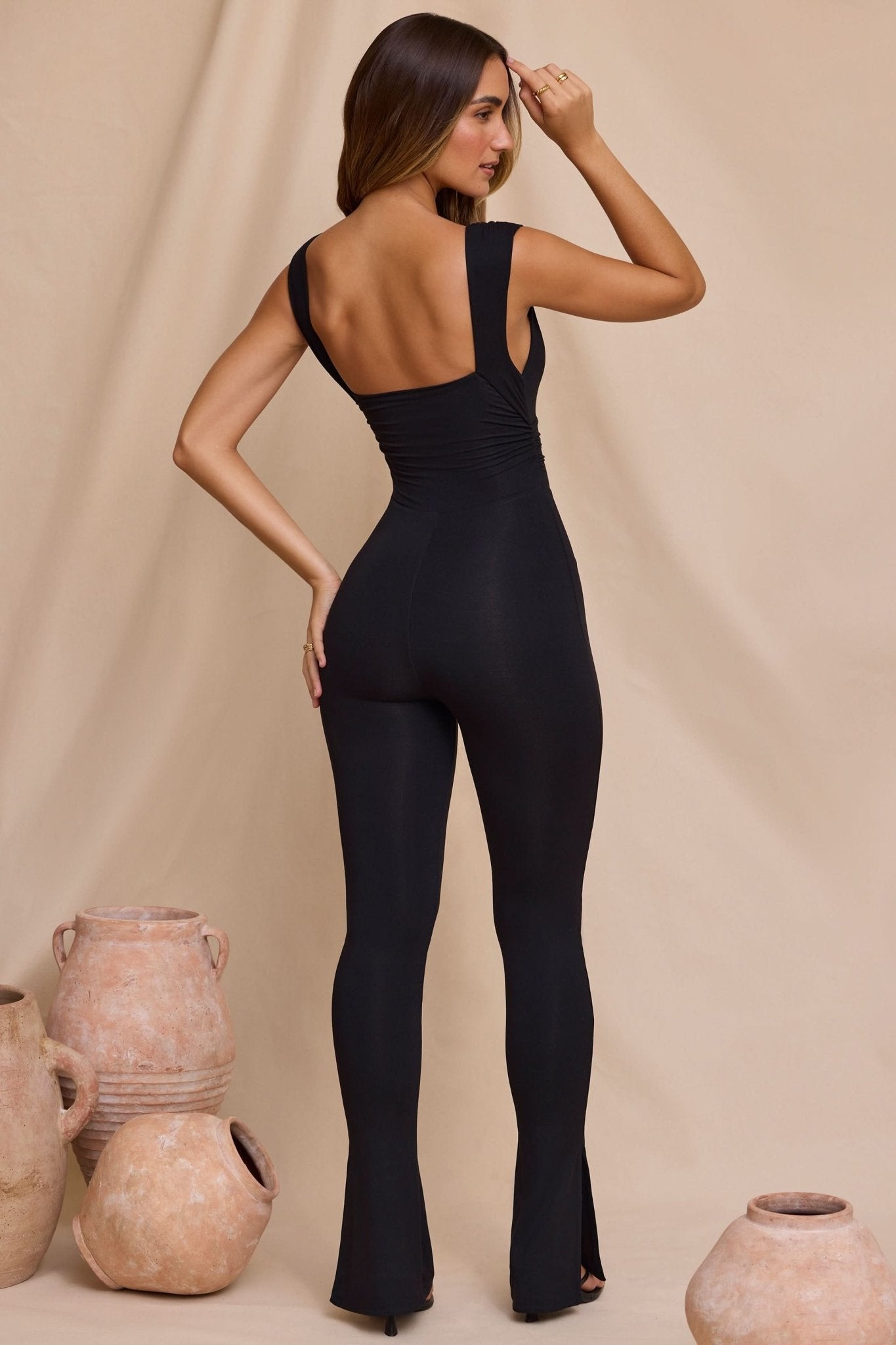 Plunge Neck Ruched Waist Jumpsuit in Black - ShopLorca