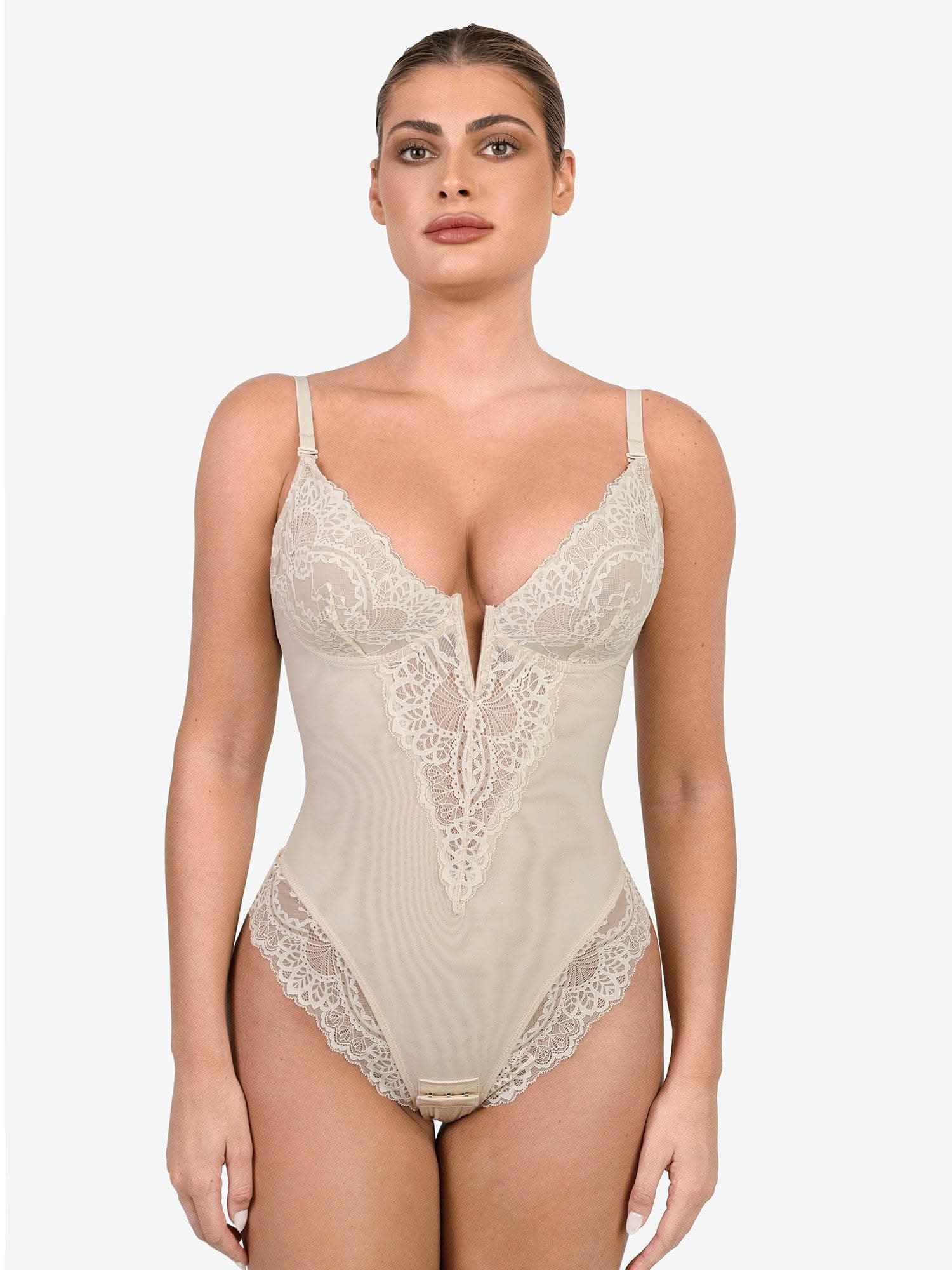 Deep - V Neck Lace Thong Bodysuit - ShopLorca