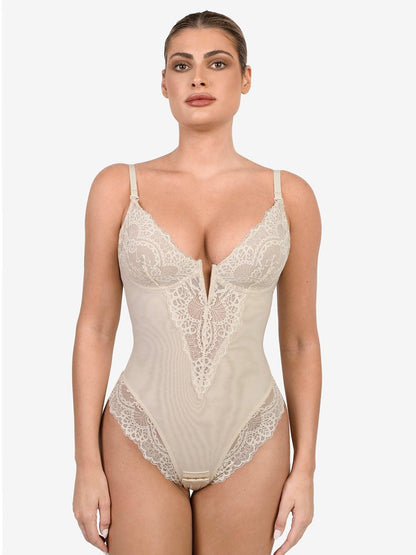 Deep - V Neck Lace Thong Bodysuit - ShopLorca