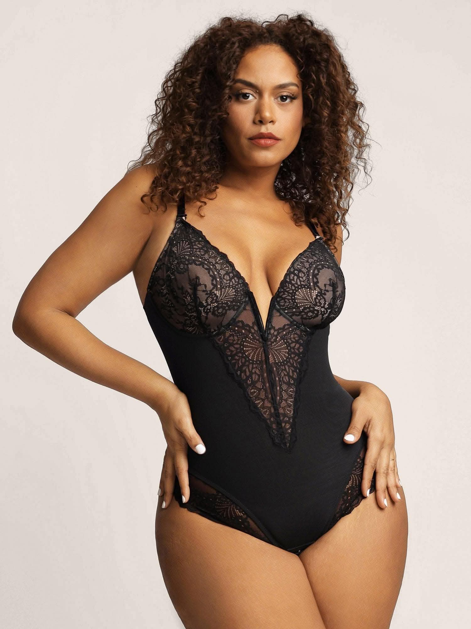 Deep - V Neck Lace Thong Bodysuit - ShopLorca