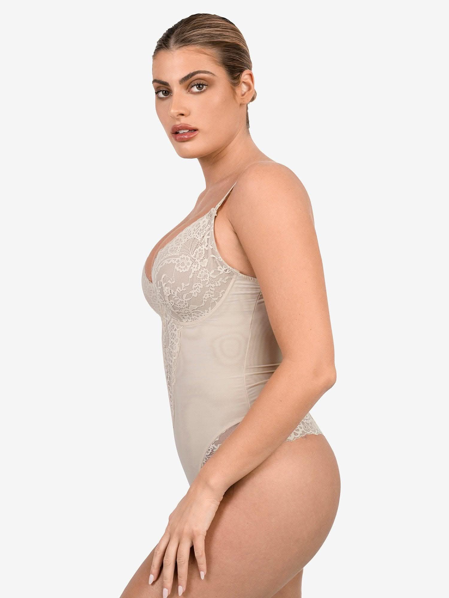 Deep - V Neck Lace Thong Bodysuit - ShopLorca