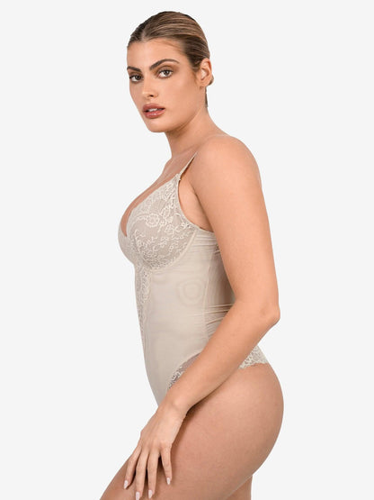 Deep - V Neck Lace Thong Bodysuit - ShopLorca