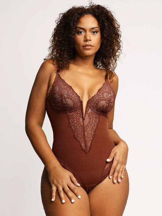 Deep - V Neck Lace Thong Bodysuit - ShopLorca