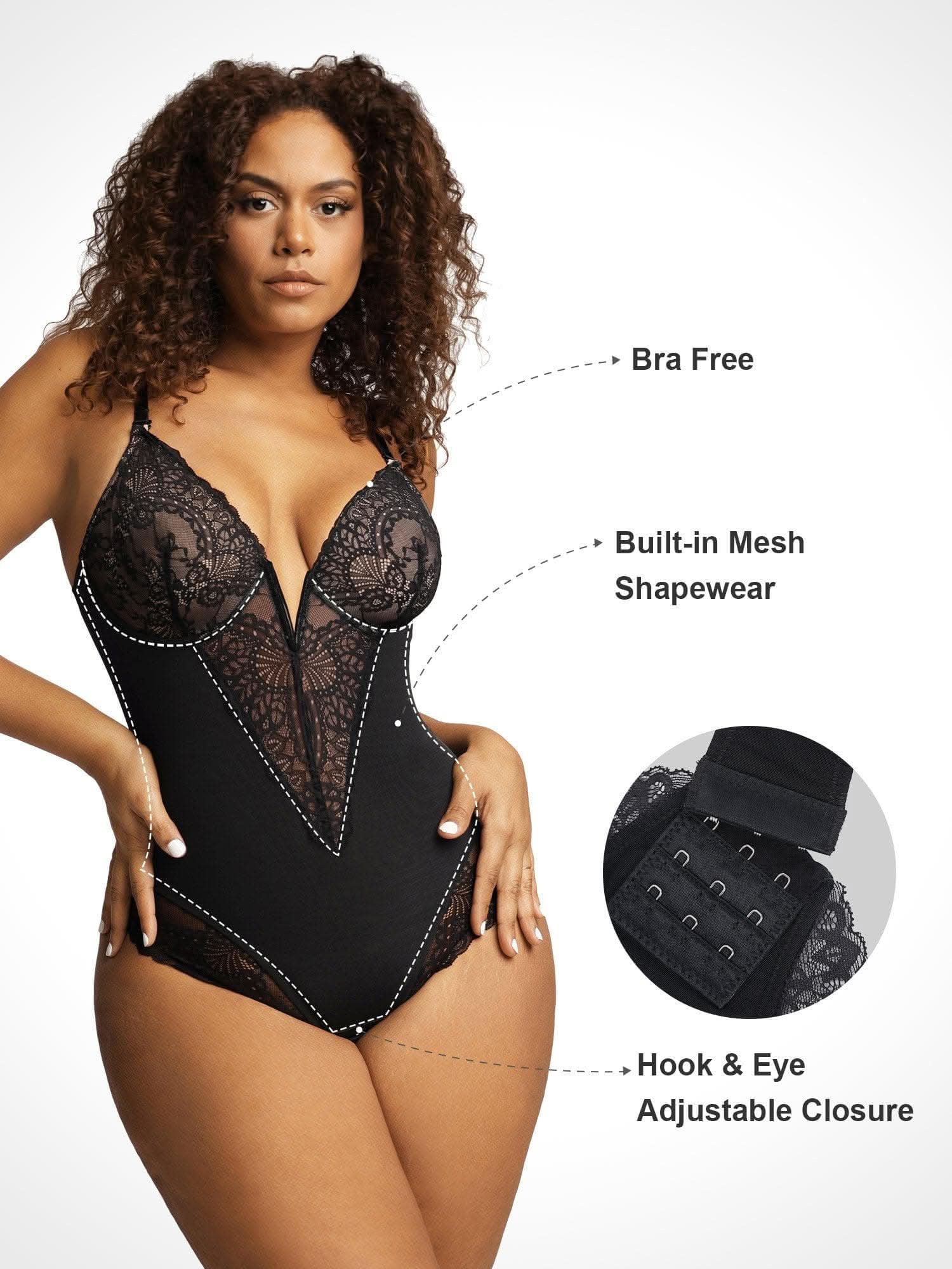 Deep - V Neck Lace Thong Bodysuit - ShopLorca