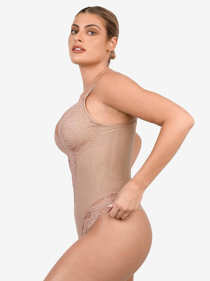Deep - V Neck Lace Thong Bodysuit - ShopLorca