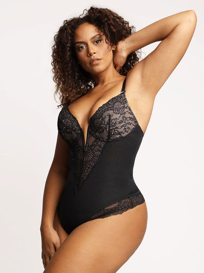 Deep - V Neck Lace Thong Bodysuit - ShopLorca