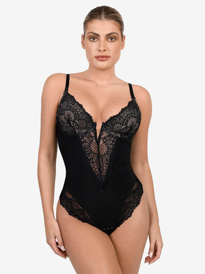 Deep - V Neck Lace Thong Bodysuit - ShopLorca