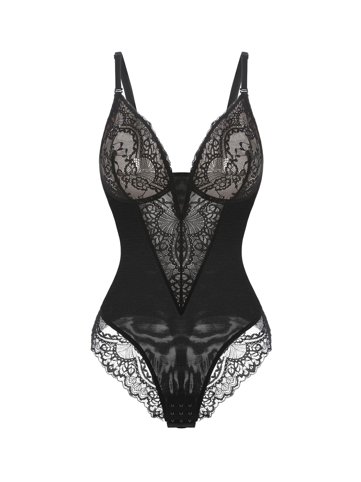 Deep - V Neck Lace Thong Bodysuit - ShopLorca