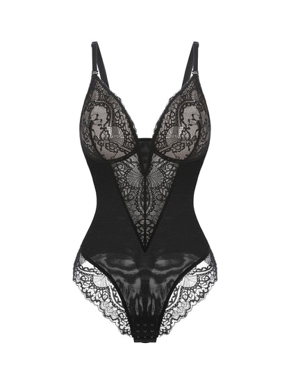 Deep - V Neck Lace Thong Bodysuit - ShopLorca