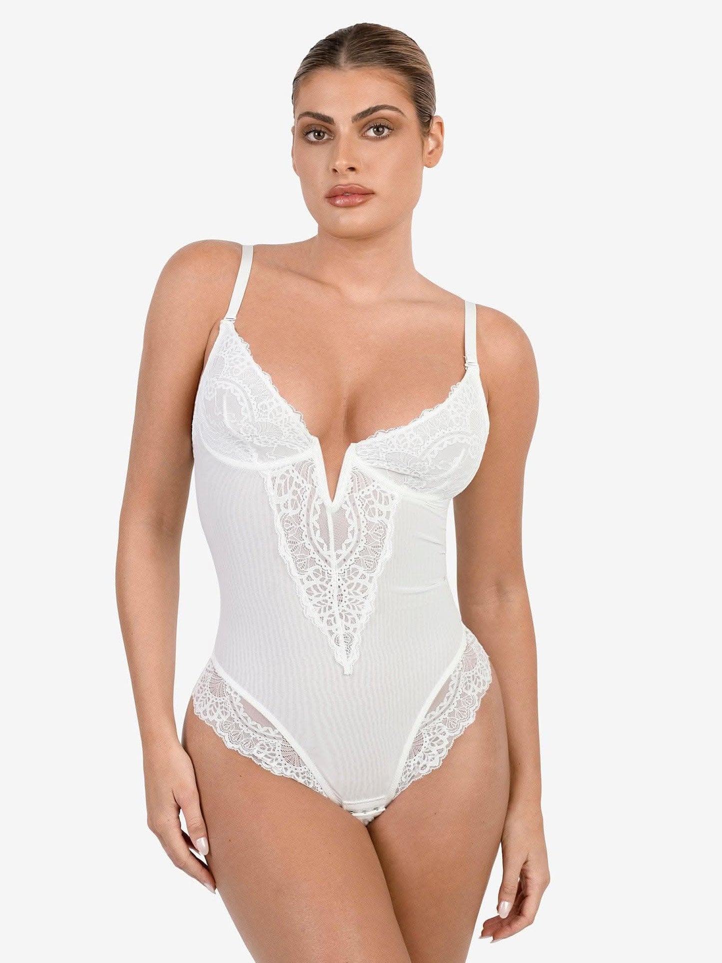 Deep - V Neck Lace Thong Bodysuit - ShopLorca