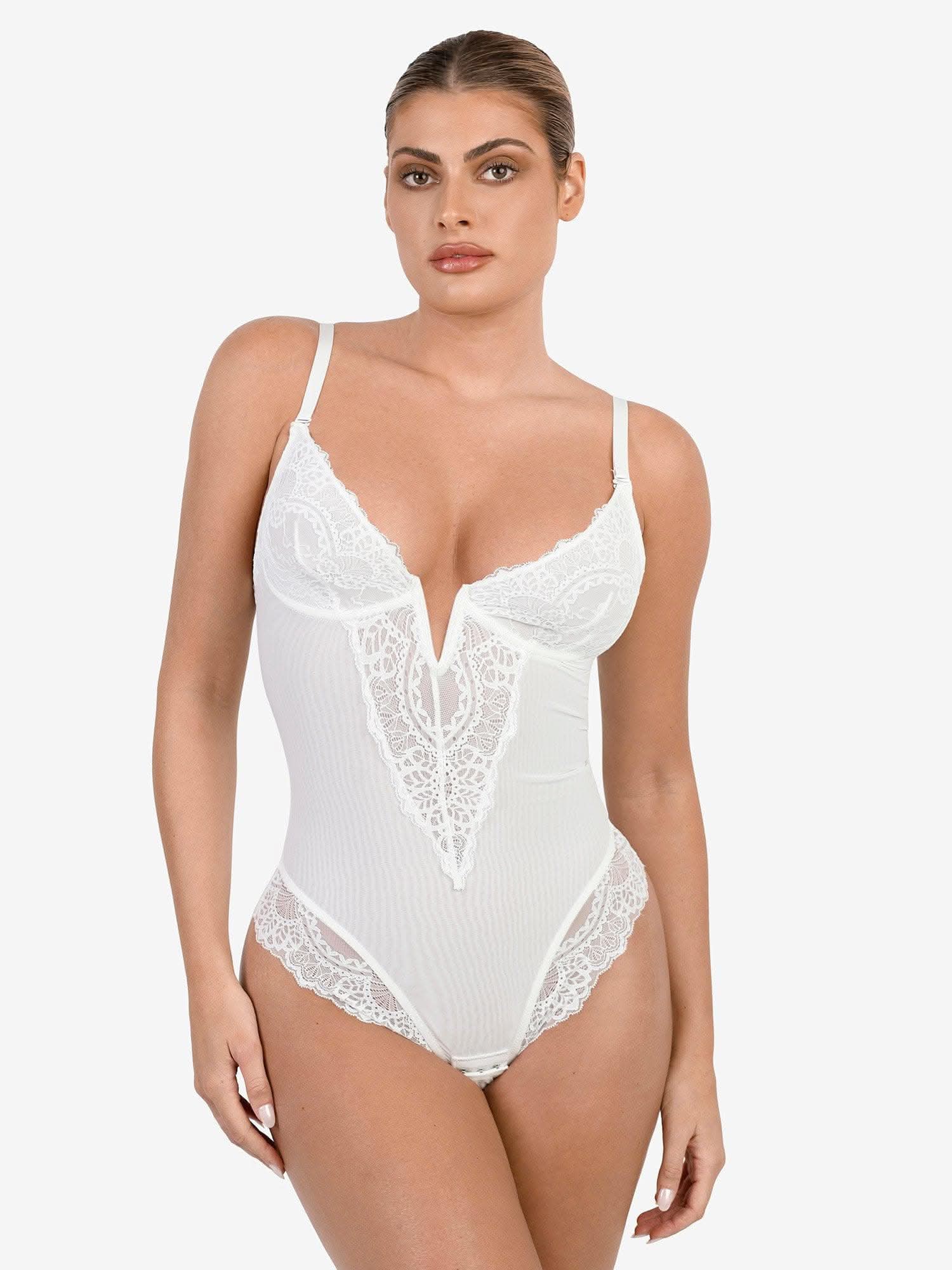 Deep - V Neck Lace Thong Bodysuit - ShopLorca