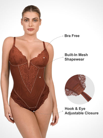 Deep - V Neck Lace Thong Bodysuit - ShopLorca