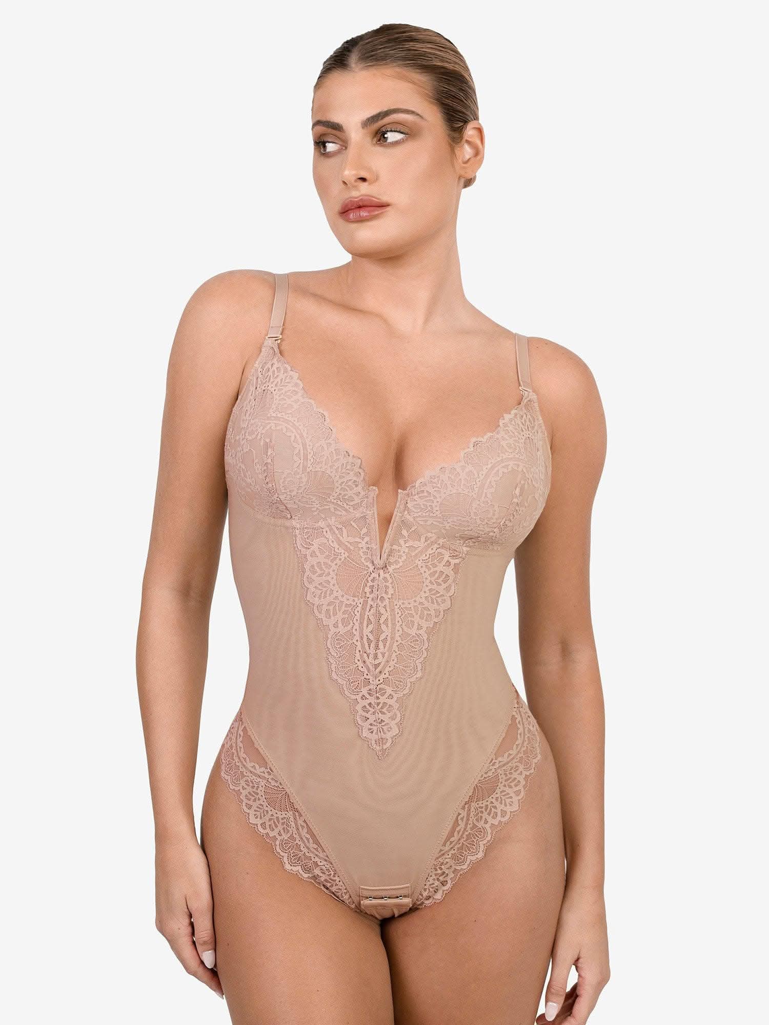 Deep - V Neck Lace Thong Bodysuit - ShopLorca