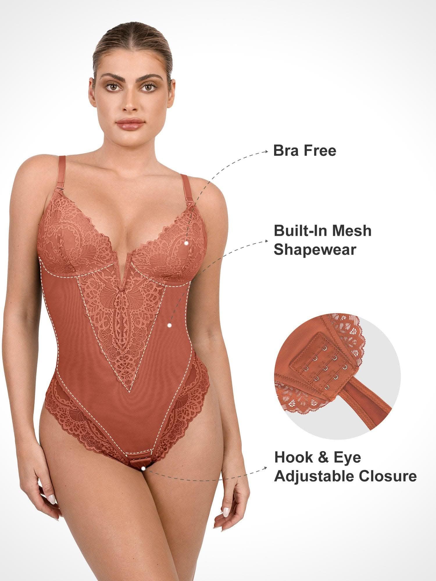 Deep - V Neck Lace Thong Bodysuit - ShopLorca