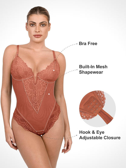 Deep - V Neck Lace Thong Bodysuit - ShopLorca