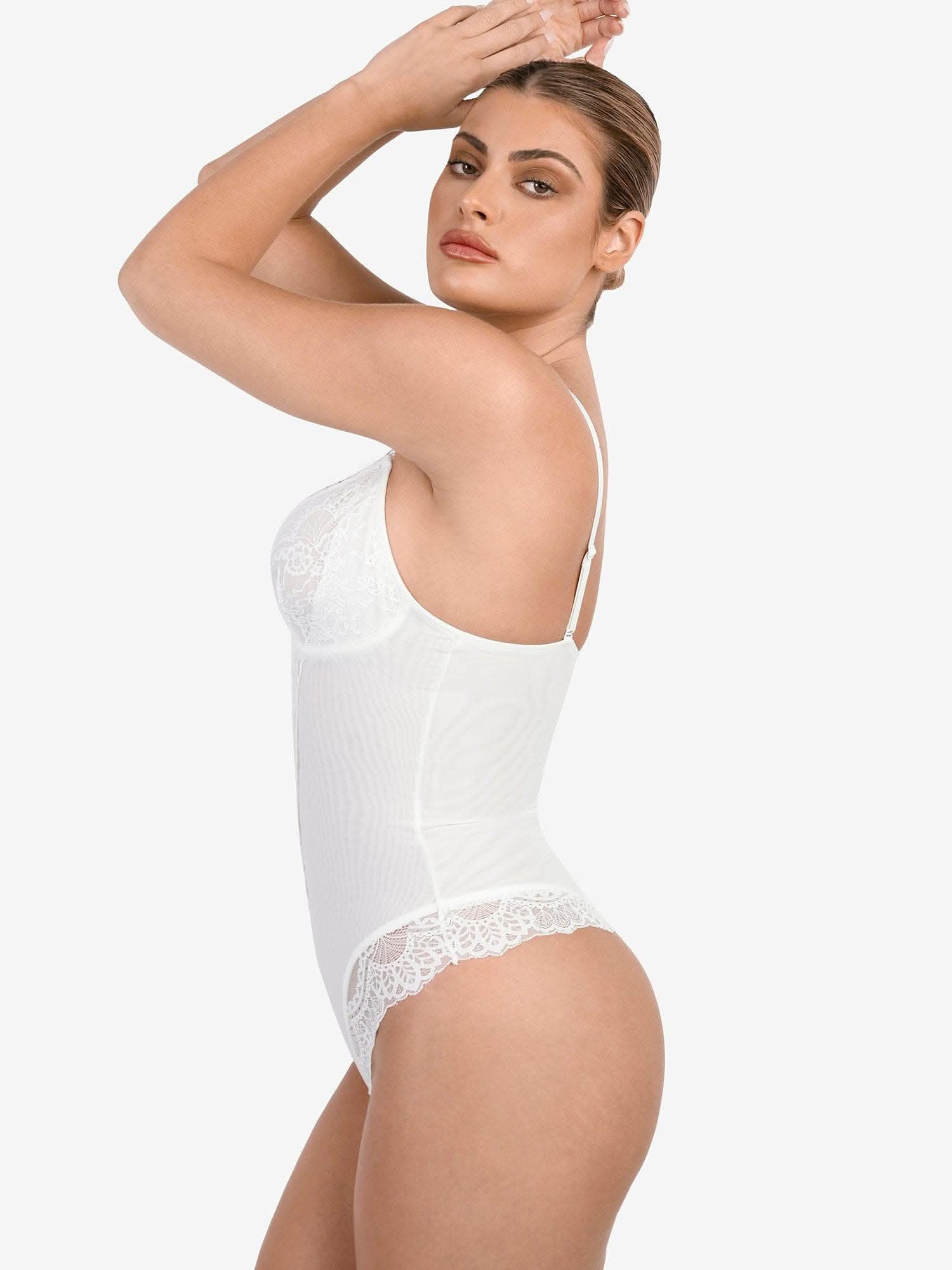 Deep - V Neck Lace Thong Bodysuit - ShopLorca